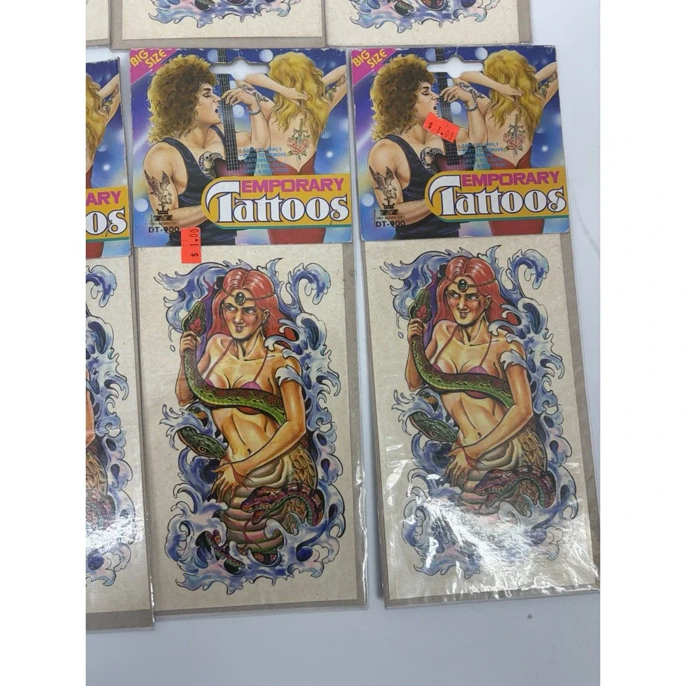 Vintage 90s Temporary Tattoos Lot of 8 Big Size Mermaid‎ Bikini Biker Flash Art